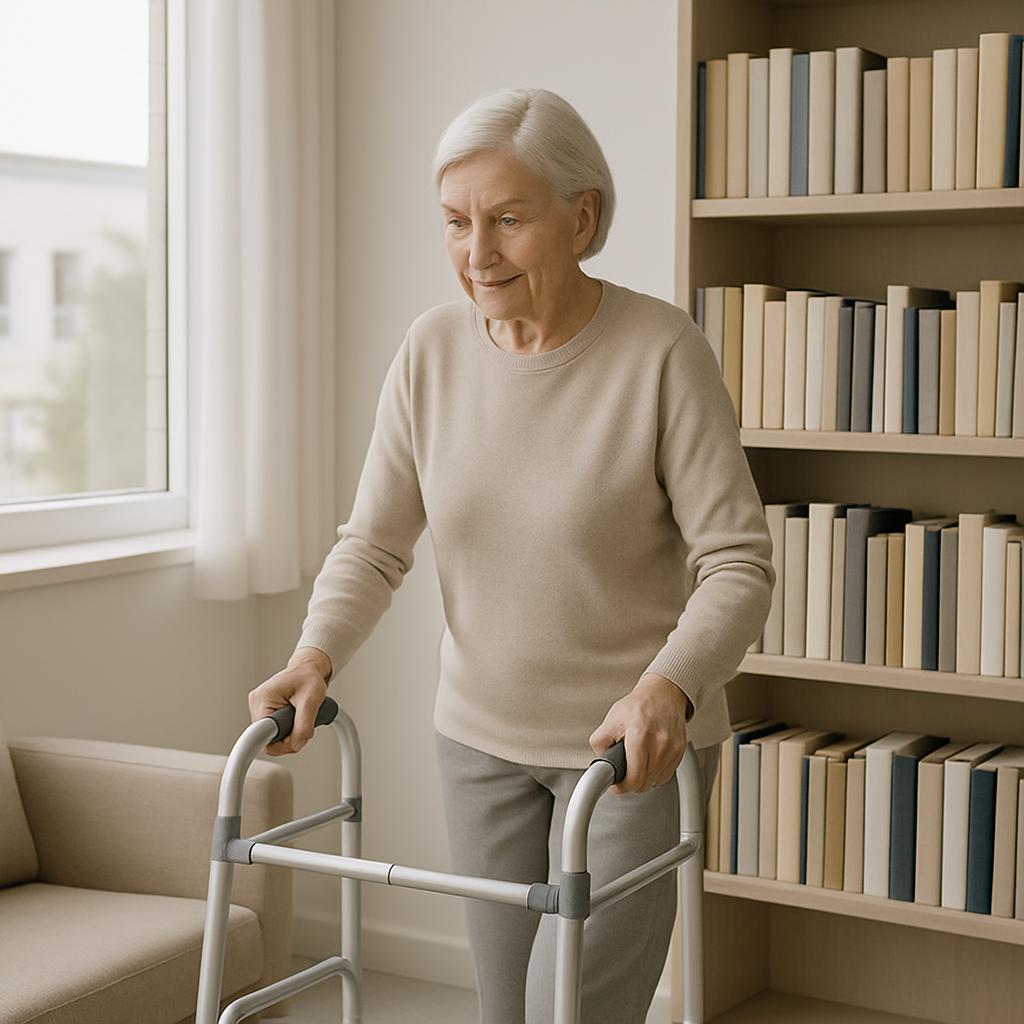 An elderly woman smiling on a Walker. She has short, white hair and is walking next to a bookcase.