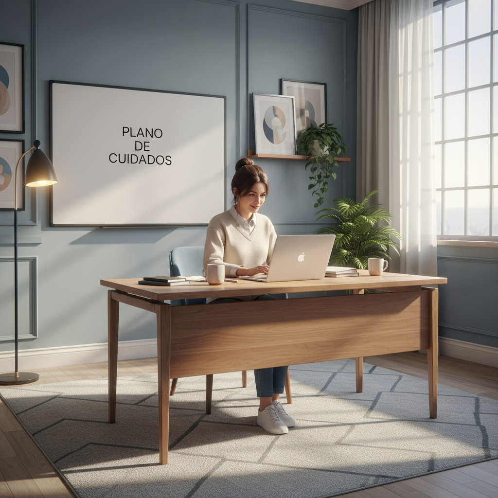 Imagem realista com o mesmo padrão visual das demais imagens do site: uma jovem diante de um laptop, em uma sala de escritório bem decorada e iluminada, sentada atrás de uma escrivaninha. Na parede atrás dela há uma lousa branca com a inscrição 'Plano de Cuidados'. Use as nuances, cores e estilo já presentes nas imagens atuais do site.
