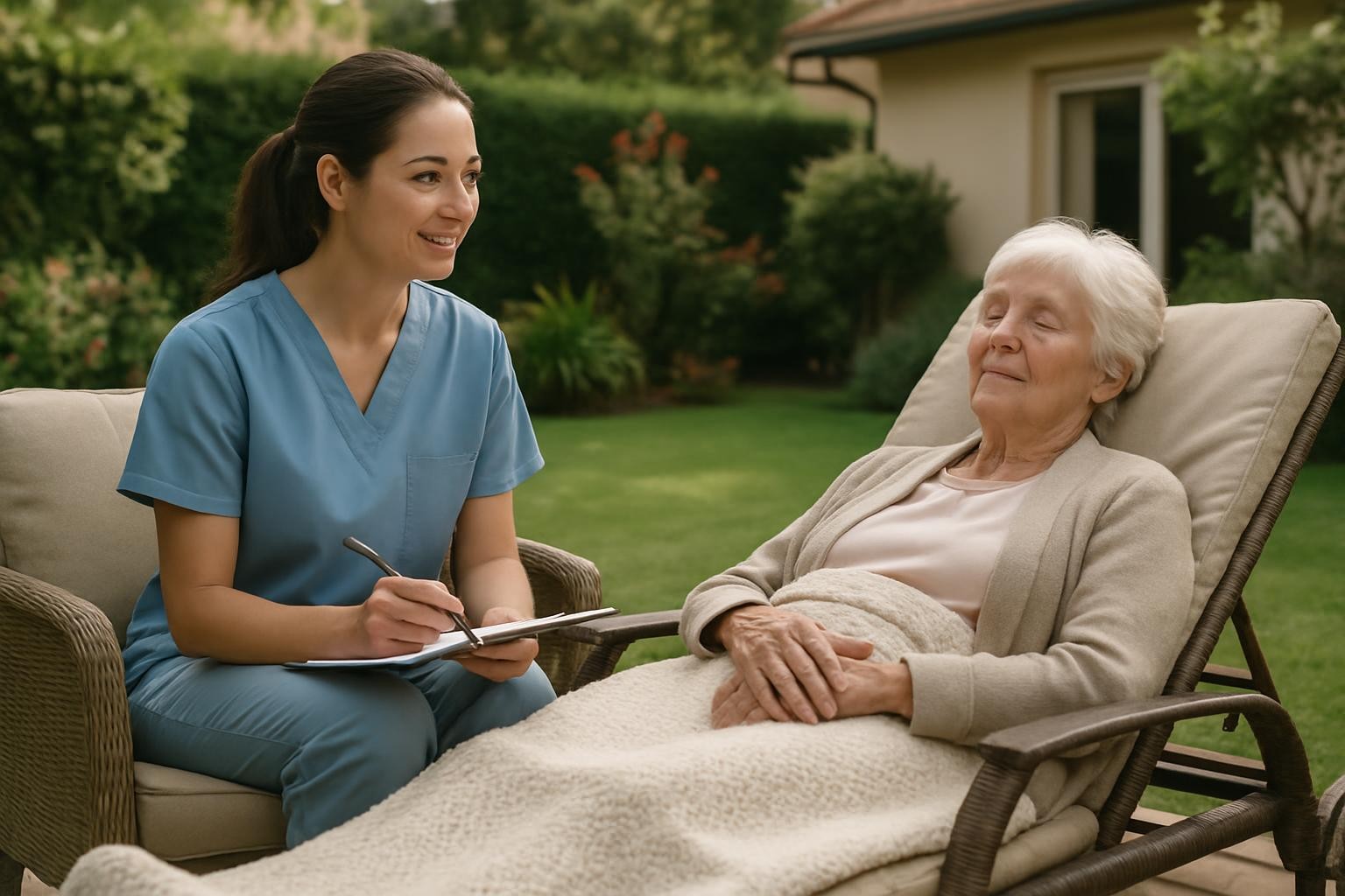 imagem realista de um jardim residencial com uma jovem cuidadora sentada em cadeira confortável, segurando uma prancheta e caneta, acompanhando uma idosa deitada em espreguiçadeira, com uma manta sobre as pernas. A imagem deve seguir as nuances, cores e estilo visual das imagens anteriores do site.