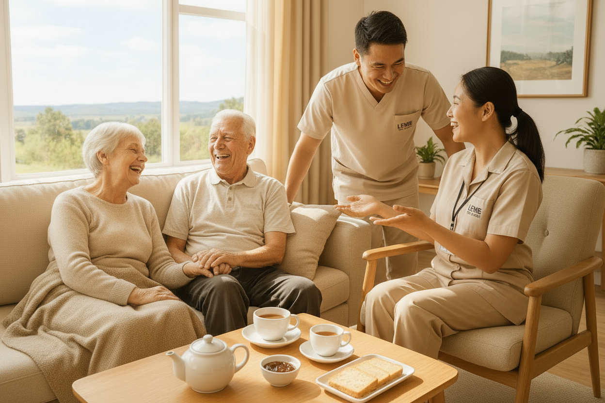 imagem realista de uma dupla de cuidadores uniformizados conversando de forma simpática e alegre com um casal em uma sala muito bem decorada e ainda mais iluminada, com luz natural abundante entrando pelas janelas