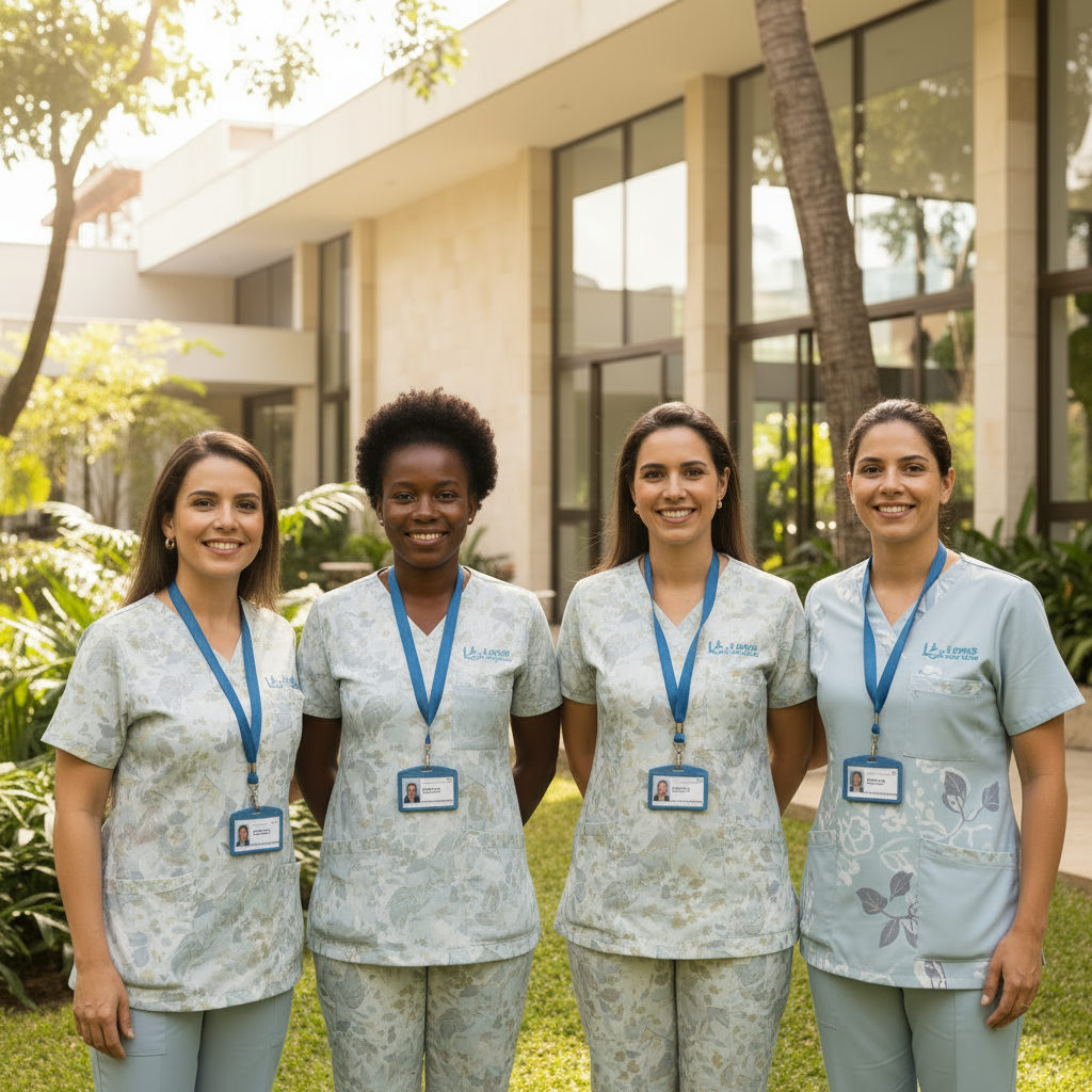 Realistic image of a group of professionals posing for a photo (looking at the camera): a nutritionist, a physiotherapist, an occupational therapist, and a nurse. One of the previously fair-skinned (Aryan) characters is now Afro-descendant. All are wearing uniforms labeled 'Leme Home Care' with ID badges of their functions, keeping the same color tones and visual style as previously used on the site.