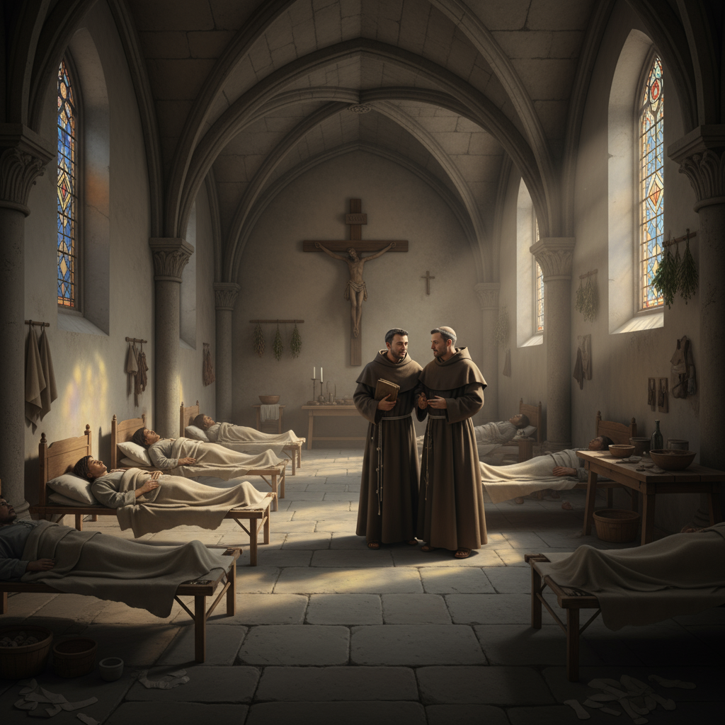 Ambiente interno de mosteiro, dois frades em pé observam enfermos deitados em macas