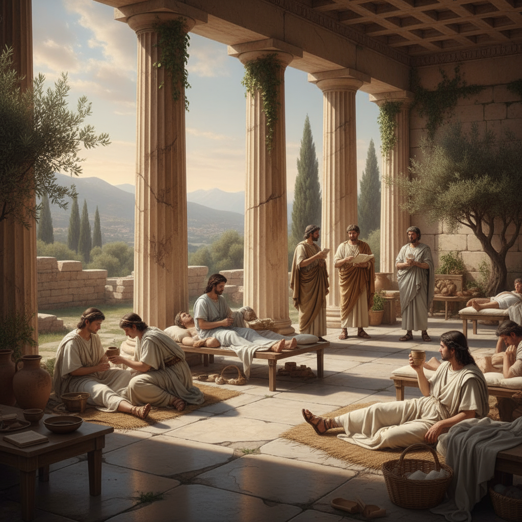 pessoas da Grécia Antiga cuidando de doentes em templos associados à filosofia, com colunas gregas e ambiente histórico