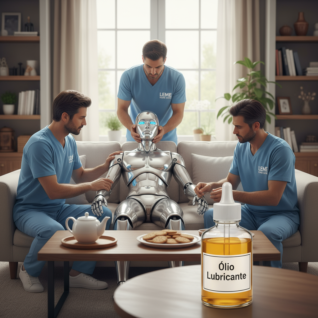 Três cuidadores uniformizados (com camisetas escritas 'LEME HOME CARE') em uma sala residencial, cuidando de um robô humanoide deitado no sofá. Na mesa de centro, há um bule de chá, bolachas e, em destaque, um recipiente aplicador de óleo com o rótulo em português: 'Óleo Lubrificante'.