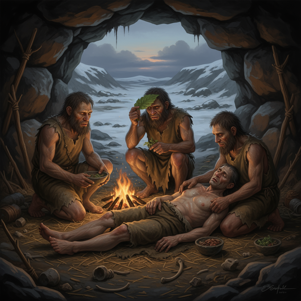 três neandertais agachados ao redor de outro indivíduo deitado, com aparência adoentada, sendo cuidados pelos três primeiros