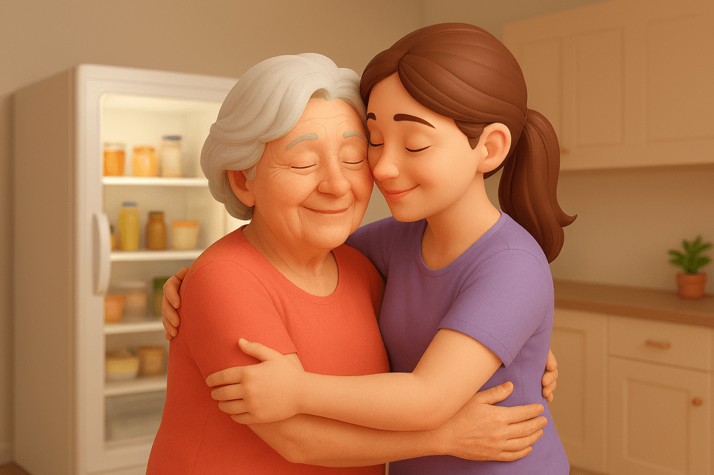 Imagem em 3D criada por inteligência artificial apresenta abraço emocionante entre uma idosa e uma jovem; ao fundo, geladeira aberta traduz o nível de liberdade de ação familiar; transmite  clima de afeto, carinho e dedicação entre familiares em um ambiente doméstico acolhedor, com roupas informais e a ação cotidiana; reforça o aspecto humano e íntimo do cuidado.
