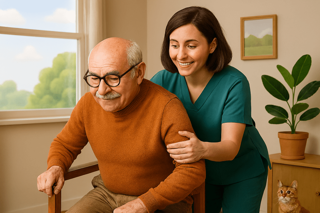 Cuidadora apoia idoso no ato de levantar-se da cadeira; ambos sorriem em interação simpática; o ambiente é leve, com janela ao lado esquerdo mostrando bela paisagem, quadro na parede e vaso de planta em segundo plano.