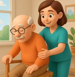 Imagem em 3D; jovem cuidadora apoia idoso no ato de levantar-se da cadeira; ambos sorriem em interação simpática; o ambiente é leve, com janela ampla ao lado esquerdo, quadro de paisagem na parede e vaso de planta em segundo plano.