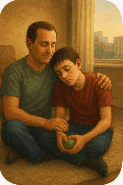 Cuidador mantém adolescente autista apoiado em ombro; o menino parece aconchegado, seguro; ambos vestem camiseta informal e estão sentados no chão; o menino aperta rigorosamente pequena bola de borracha na mão esquerda.