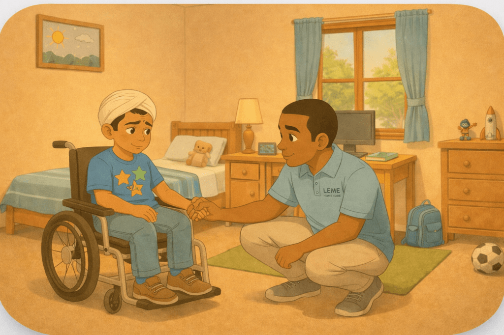 Quarto de menino cadeirante; ele está em sua cadeira e tem semblante cansado; ao lado está seu cuidador, agachado, com olhar terno e amigo