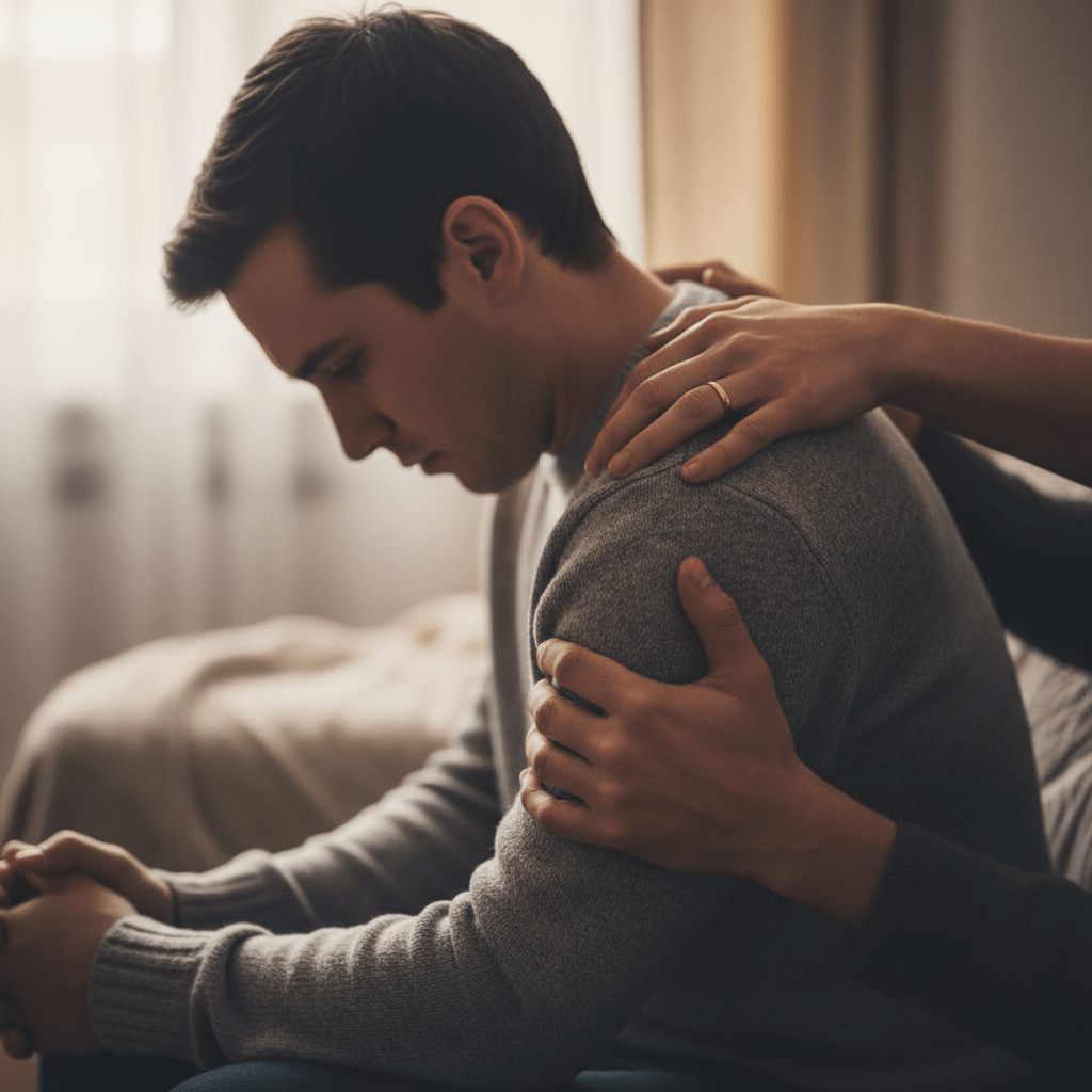 A person places supportive hands on the shoulder of a man with a bowed head.