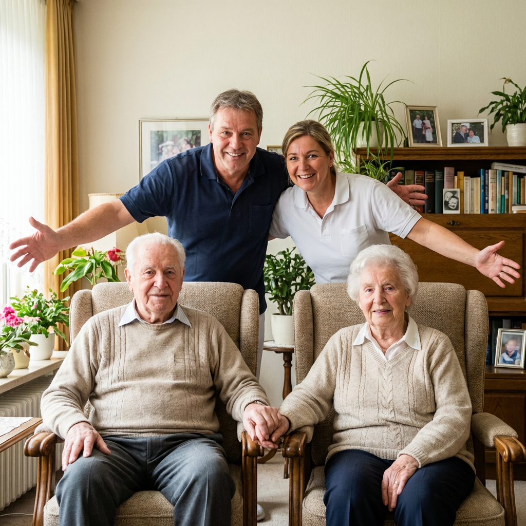 Casal de idosos de mãos dadas enquanto dois cuidadores sorridentes estão atrás deles de braços abertos; o ambiente é sala bem cuidada e bem decorada