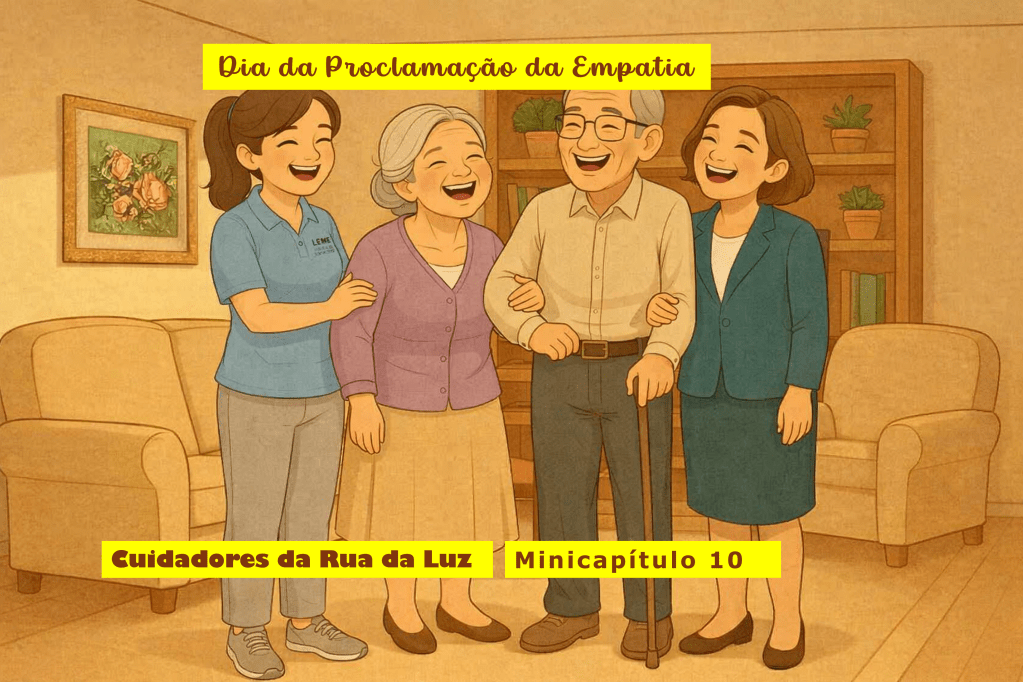 Ilustração estilo HQ mostra 4 personagens no centro de sala de estar: um casal de idosos, uma cuidadora, uma mulher nos 40 anos; todos riem muito; sala com decoração leve, própria de casal de idosos.