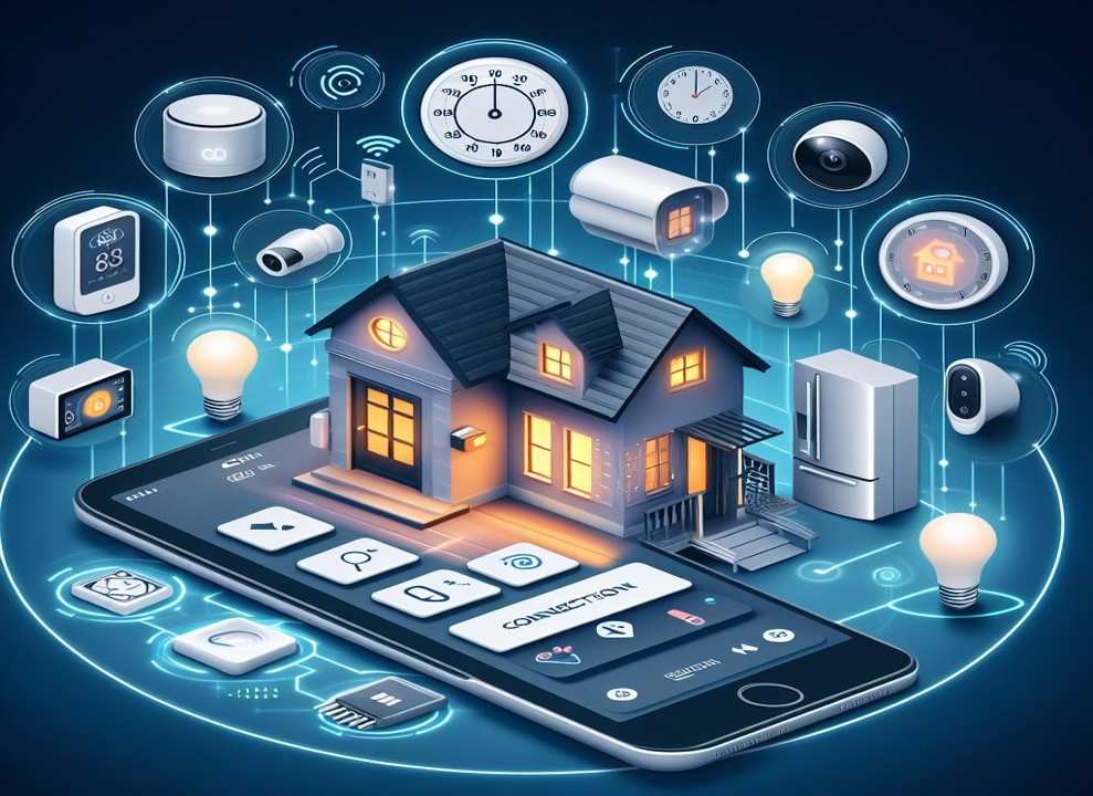 Ilustração mostra residência rodeada por dezenas de utensílios tecnológicos