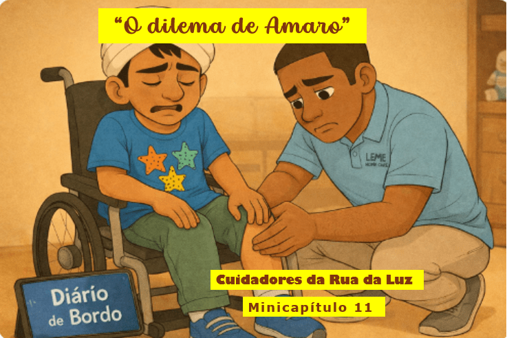 Ilustração em estilo desenho; cuidador (Amaro) se preocupa com garoto cadeirante (Pedrinho), que sente dores nas pernas; Amaro está agachado em ato de massagem nas pernas de Pedrinho.