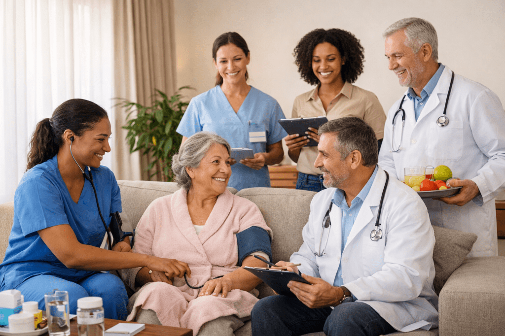 Equipe multidisciplinar acompanha idosa: nutricionista, enfermeira, fisiotrerapeuta, clínico geral em volta de senhora, que está sentada em sofá, no centro de sala confortável. todos sorriem demonstrando empatia e simpatia.