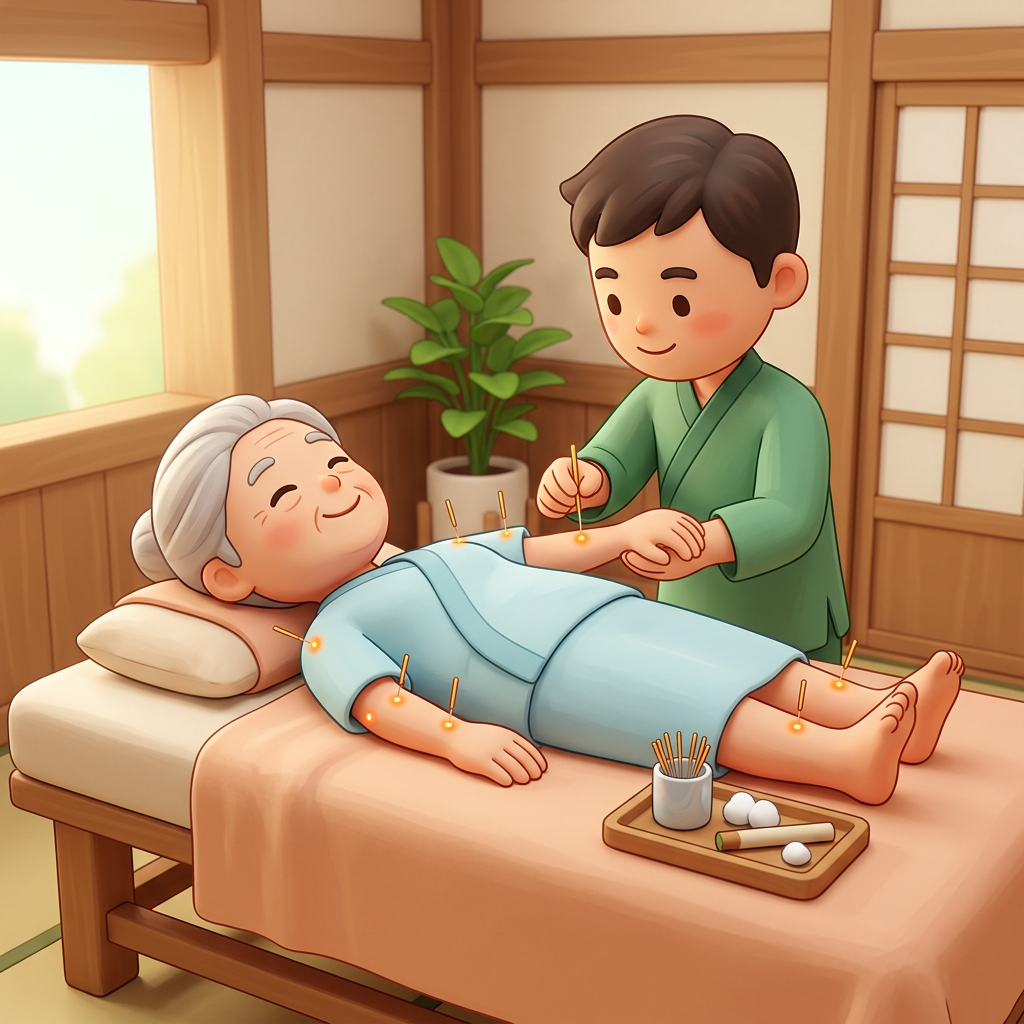 Elderly person lying on a treatment table with acupuncture needles placed on arms and legs, practitioner inserting needles