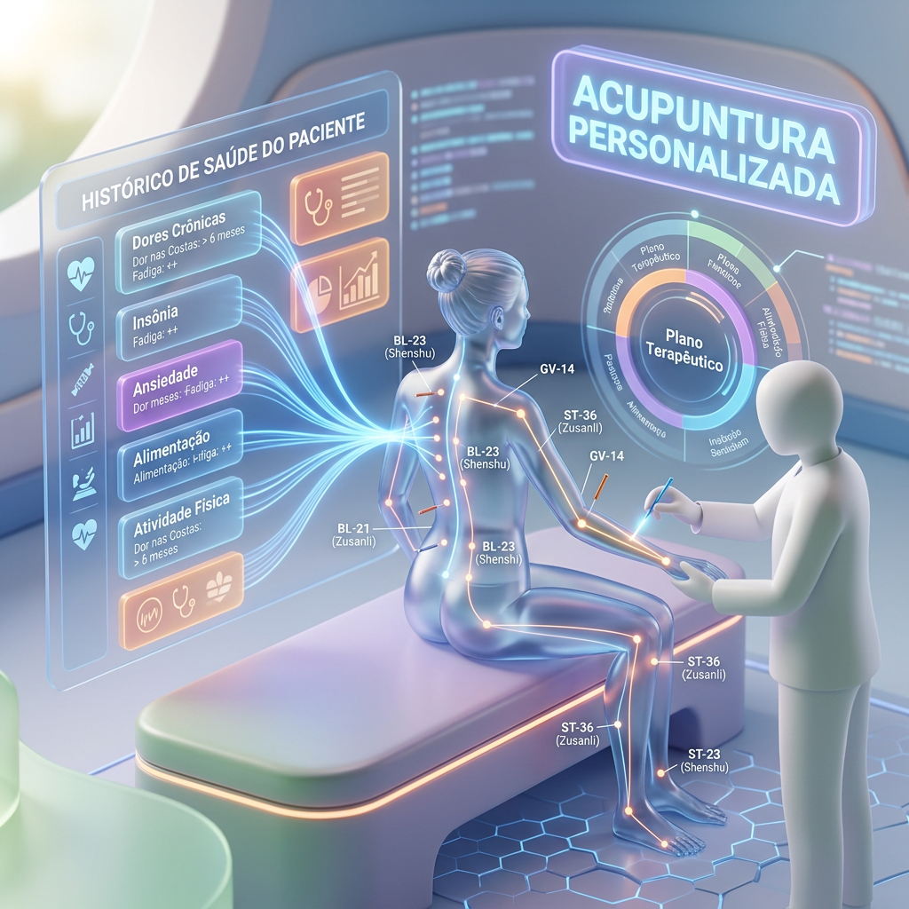Digital acupuncture treatment plan with highlighted body points and patient health data