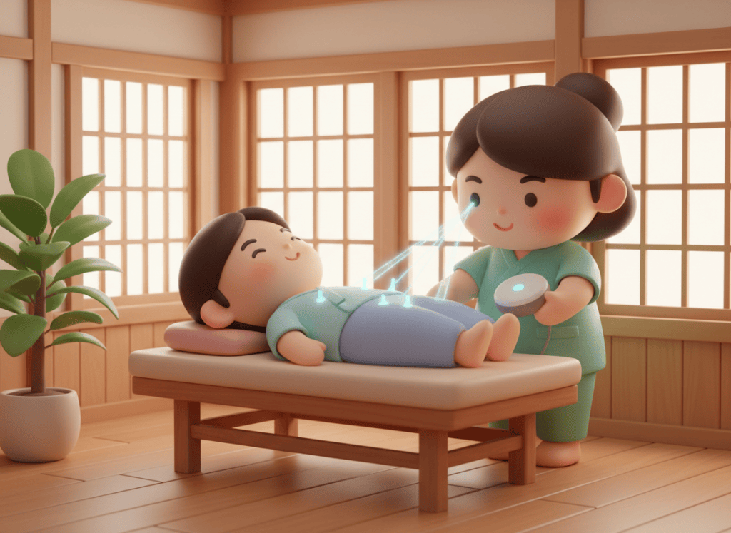Cute 3D cartoon illustration of a laser acupuncture treatment scene. A person lying peacefully and relaxed on a treatment table, dressed in light blue clothing, with small glowing blue laser beams of light touching acupuncture points on the skin instead of needles. A friendly practitioner in a green medical tunic operates a small handheld laser device. Warm wooden Japanese-style room, soft natural light through shoji screen windows, a green plant in the corner. Cozy, calm and welcoming atmosphere. Same art style as a chibi 3D cartoon with warm pastel tones and soft lighting — matching the style of a traditional acupuncture illustration with rounded characters and warm wooden interior.