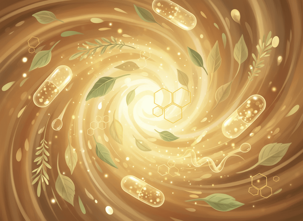 Artistic illustration representing nutritional supplementation and wellness. Soft, ethereal depiction of vitamins, minerals and botanical elements — capsules, molecular structures, leaves, and glowing nutrient particles — arranged in a harmonious, flowing composition. Warm golden and amber tones with subtle green accents. The style is painterly, elegant, and organic, consistent with a professional health and wellness brand. No text, no labels, no photographic realism — pure illustrative art.