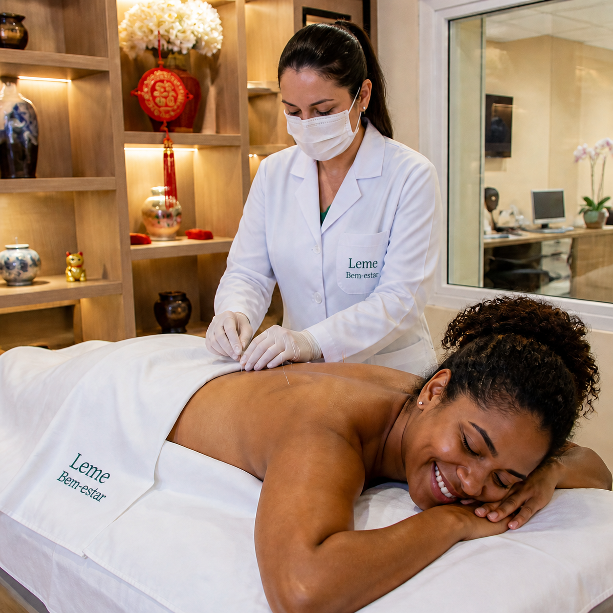 Practitioner performing acupuncture on a client lying face down