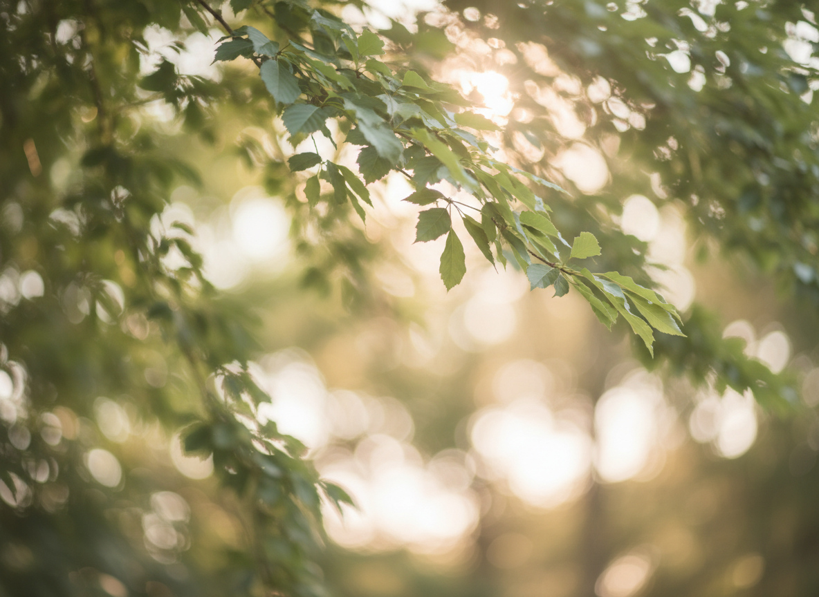 Soft, serene nature background with green leaves and filtered sunlight streaming through, gentle bokeh, calming sage green and warm beige tones, tranquil wellness atmosphere, soft focus, peaceful