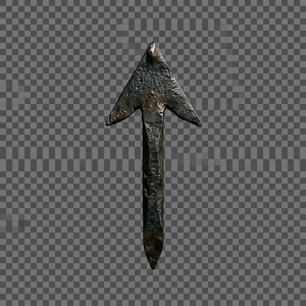 Weathered metal arrow embedded in a moss-covered stone wall